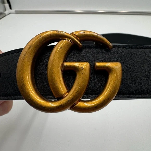 GUCCI Marmont Double G Belt Black Leather Antique Gold Buckle Authentic - Picture 2 of 6